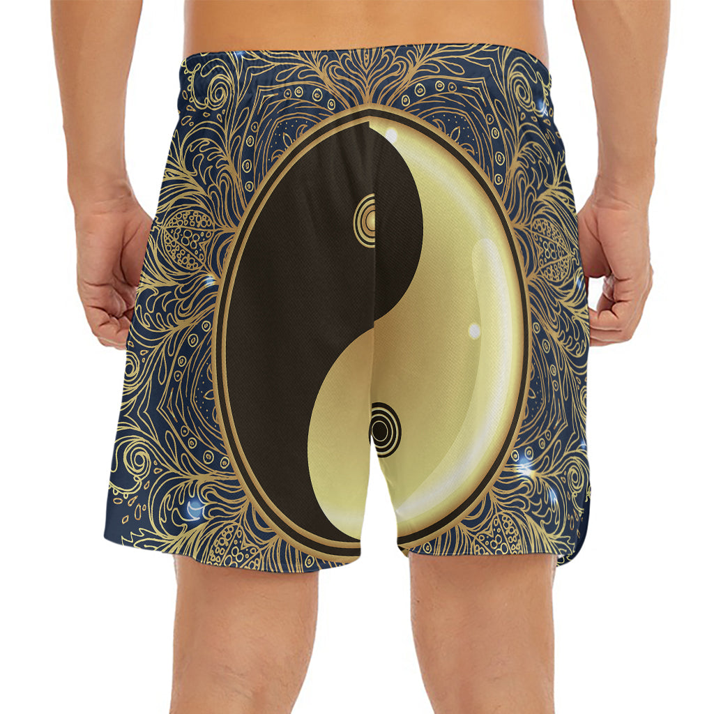 Gold Yin Yang Mandala Print Men's Split Running Shorts