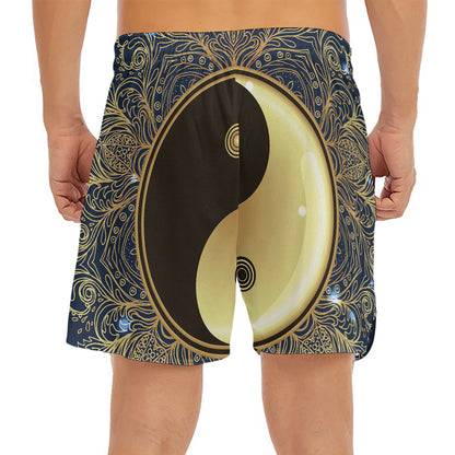 Gold Yin Yang Mandala Print Men's Split Running Shorts