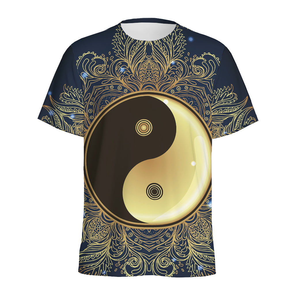 Gold Yin Yang Mandala Print Men's Sports T-Shirt
