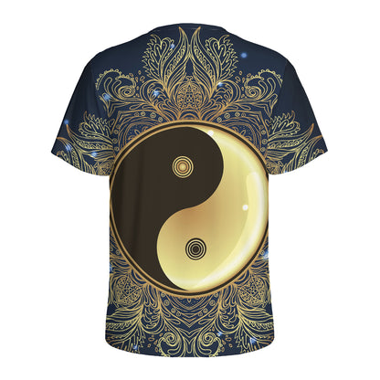 Gold Yin Yang Mandala Print Men's Sports T-Shirt
