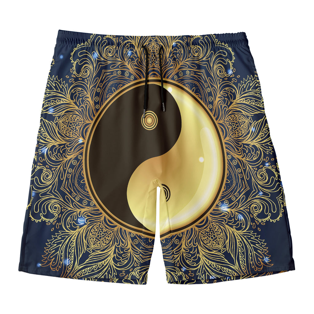 Gold Yin Yang Mandala Print Men's Swim Trunks