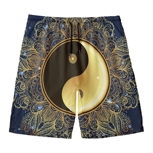 Gold Yin Yang Mandala Print Men's Swim Trunks