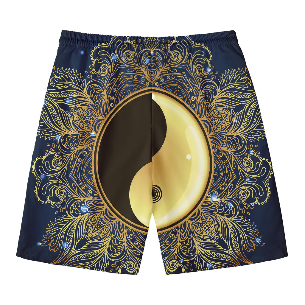 Gold Yin Yang Mandala Print Men's Swim Trunks