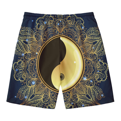 Gold Yin Yang Mandala Print Men's Swim Trunks