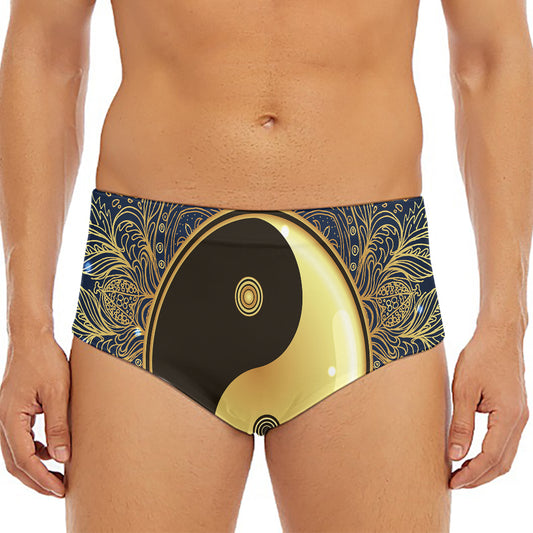 Gold Yin Yang Mandala Print Men's Triangle Swim Briefs