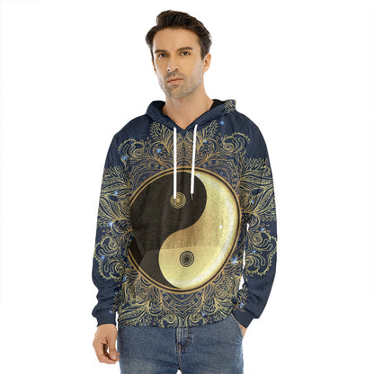 Gold Yin Yang Mandala Print Men's Velvet Pullover Hoodie