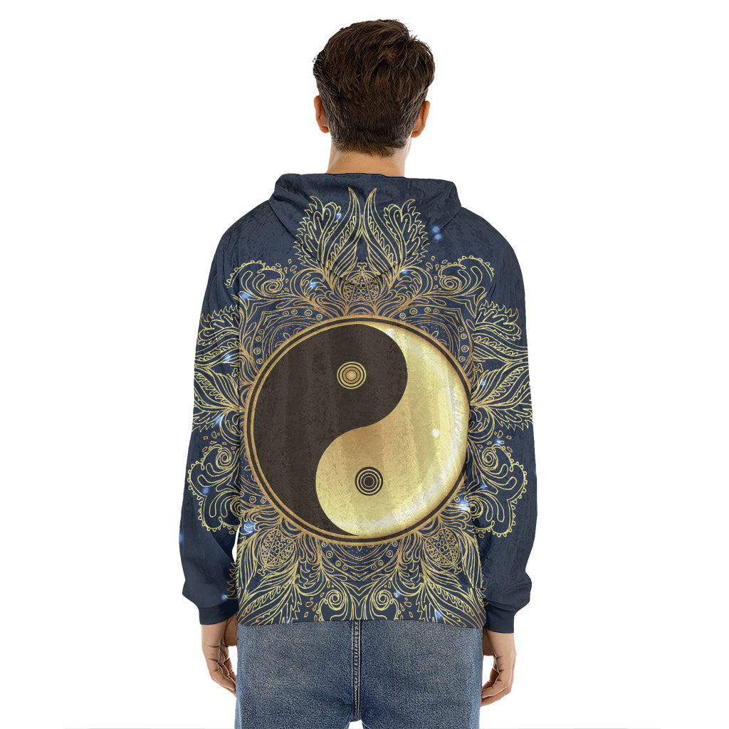 Gold Yin Yang Mandala Print Men's Velvet Pullover Hoodie