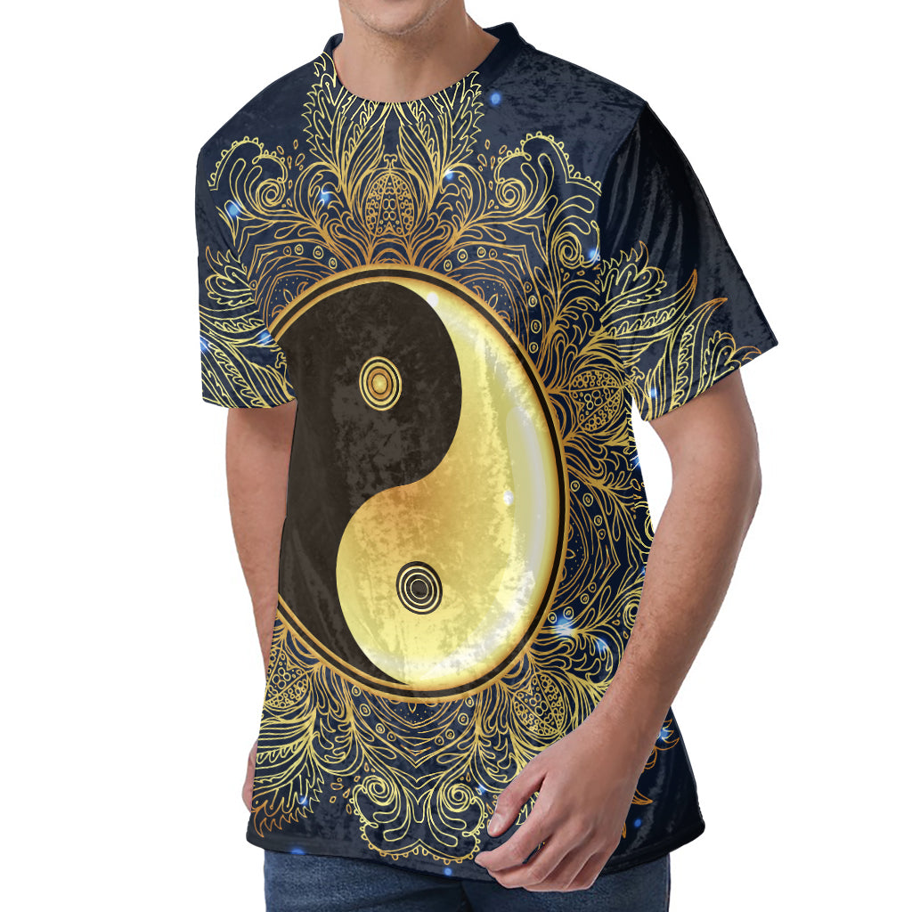Gold Yin Yang Mandala Print Men's Velvet T-Shirt