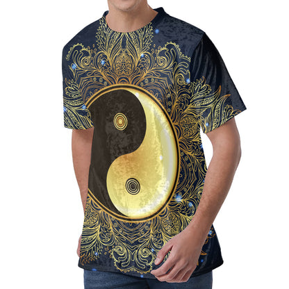 Gold Yin Yang Mandala Print Men's Velvet T-Shirt