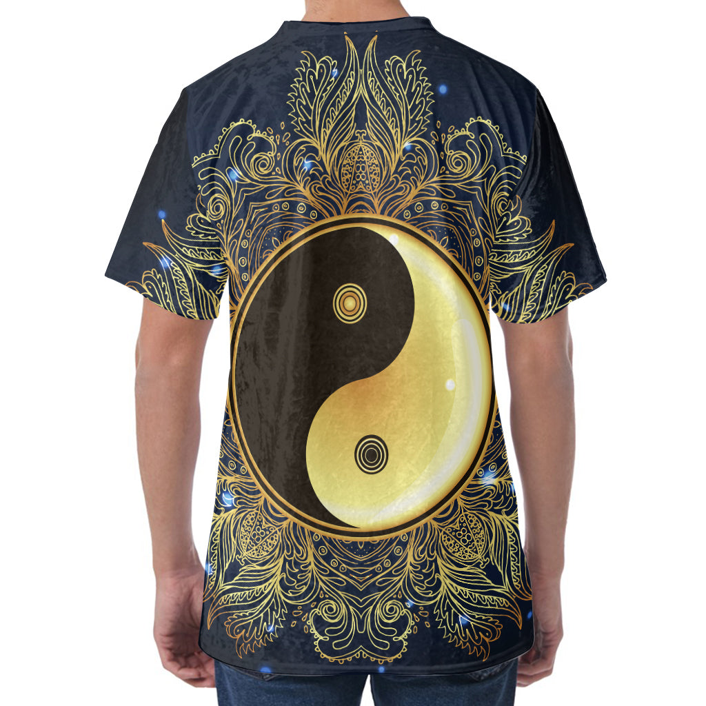 Gold Yin Yang Mandala Print Men's Velvet T-Shirt