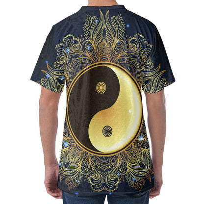 Gold Yin Yang Mandala Print Men's Velvet T-Shirt