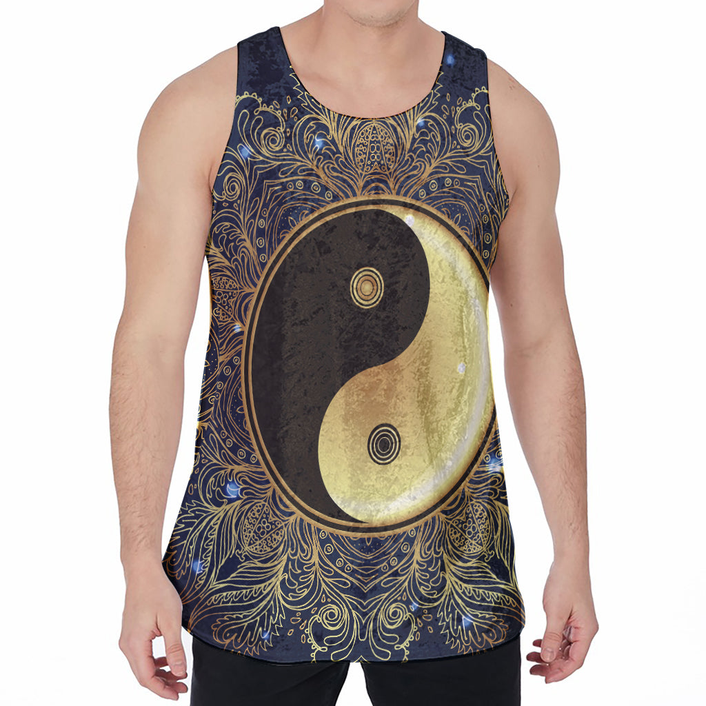 Gold Yin Yang Mandala Print Men's Velvet Tank Top