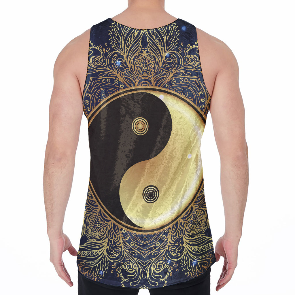 Gold Yin Yang Mandala Print Men's Velvet Tank Top