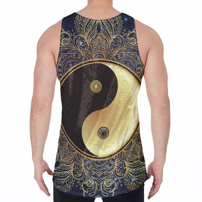 Gold Yin Yang Mandala Print Men's Velvet Tank Top