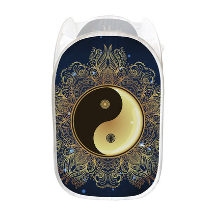 Gold Yin Yang Mandala Print Mesh Laundry Hamper