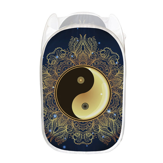 Gold Yin Yang Mandala Print Mesh Laundry Hamper