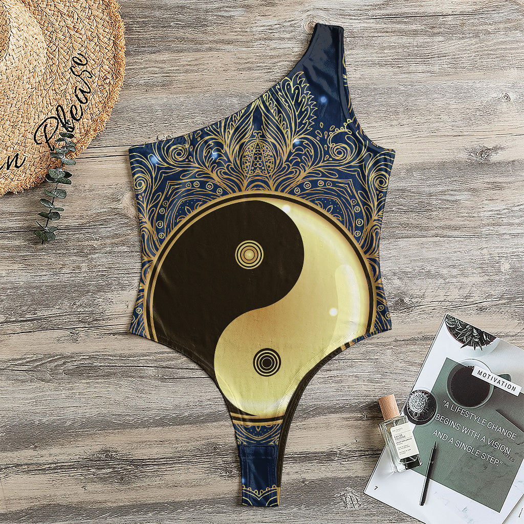 Gold Yin Yang Mandala Print One Shoulder Bodysuit