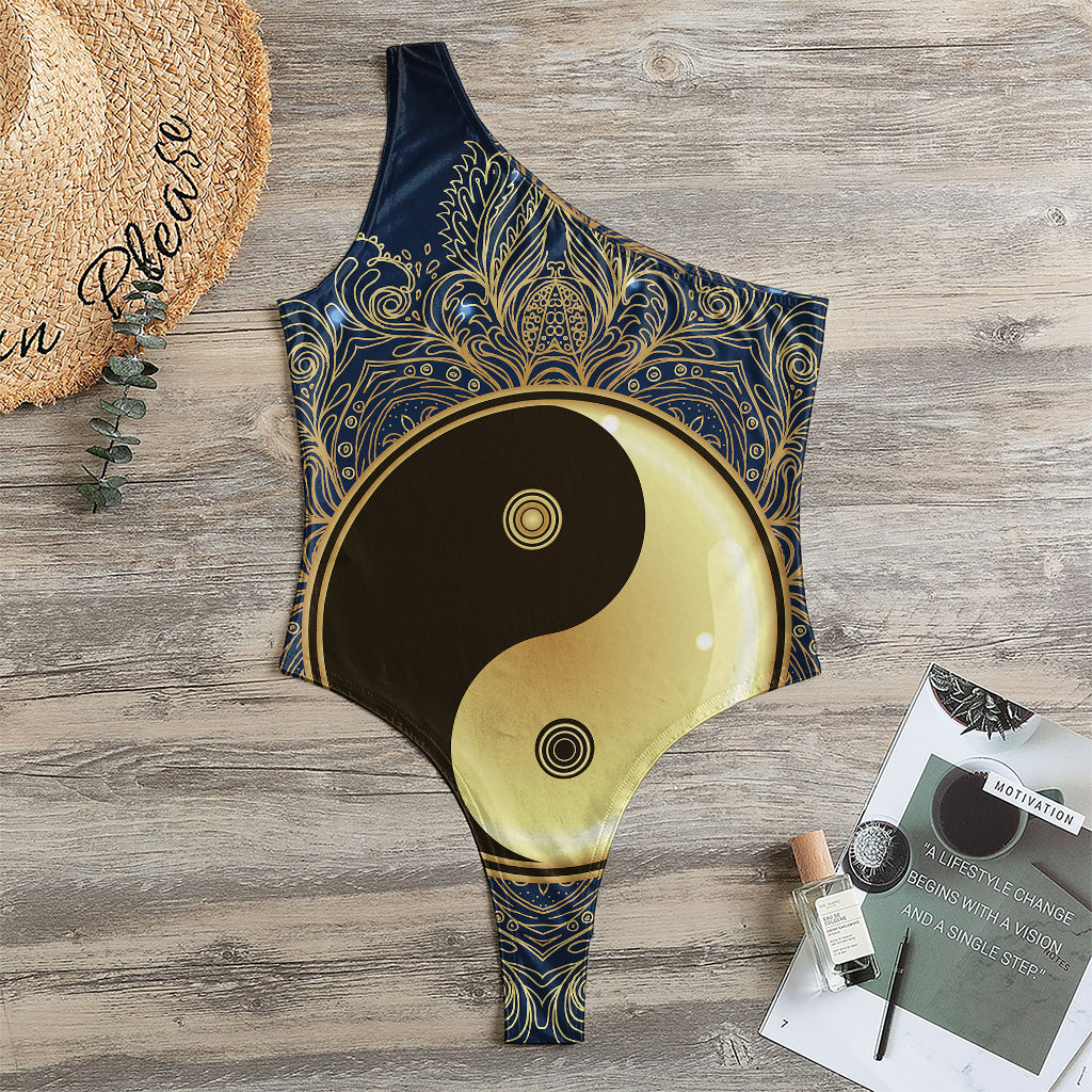 Gold Yin Yang Mandala Print One Shoulder Bodysuit