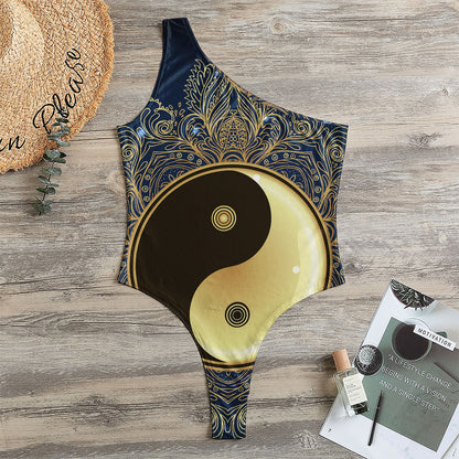 Gold Yin Yang Mandala Print One Shoulder Bodysuit