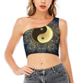 Gold Yin Yang Mandala Print One Shoulder Crop Top