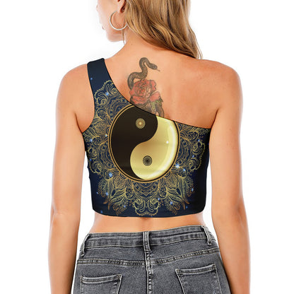 Gold Yin Yang Mandala Print One Shoulder Crop Top