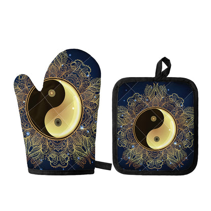 Gold Yin Yang Mandala Print Oven Mitt And Pot Holder Set