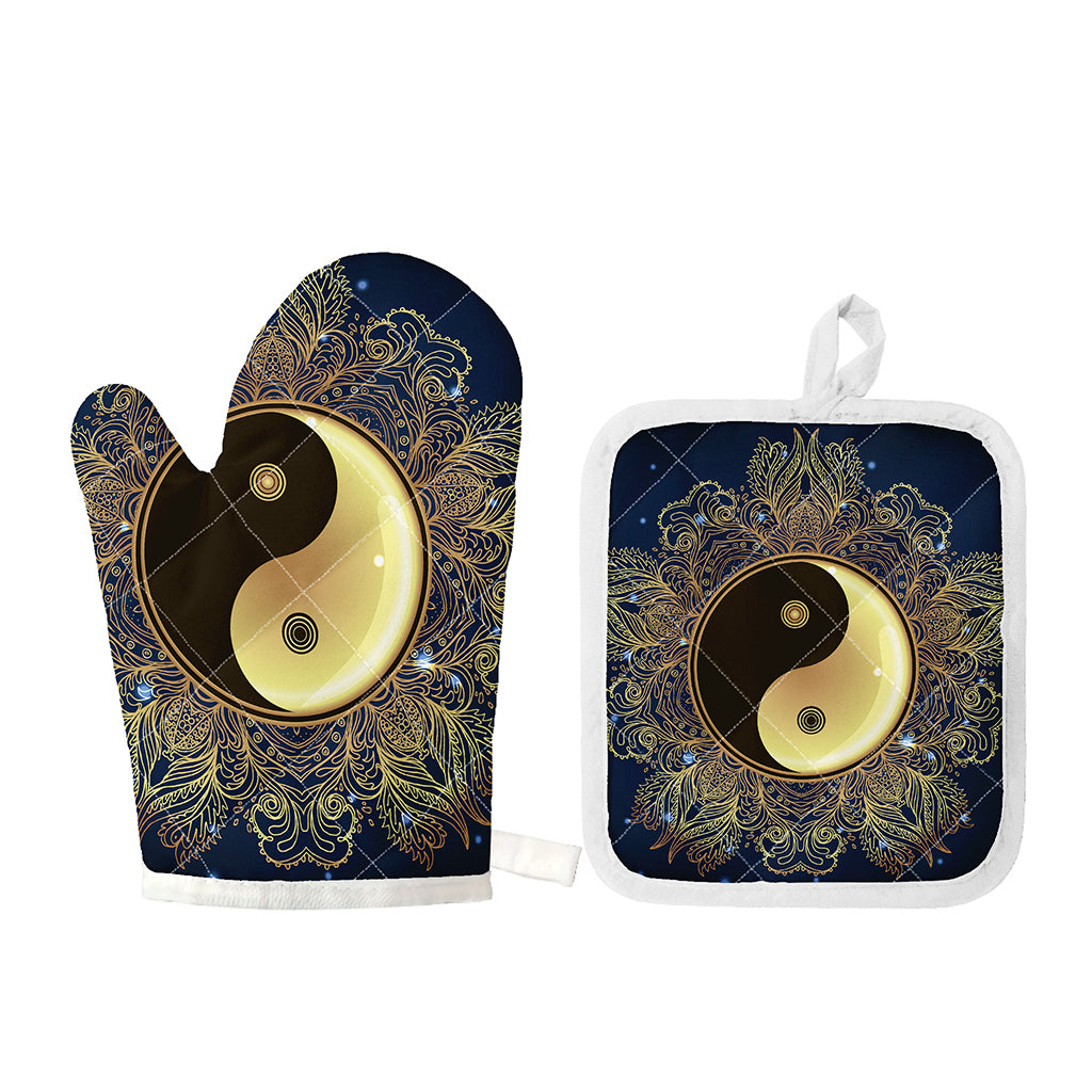 Gold Yin Yang Mandala Print Oven Mitt And Pot Holder Set