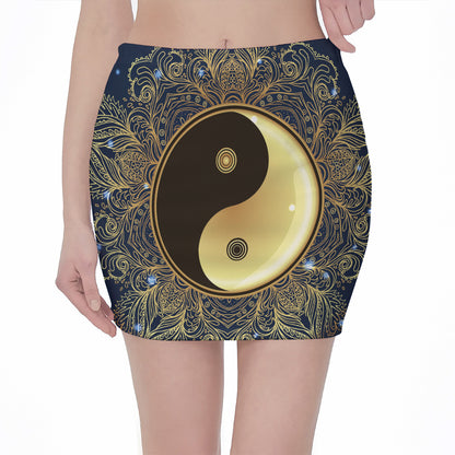 Gold Yin Yang Mandala Print Pencil Mini Skirt