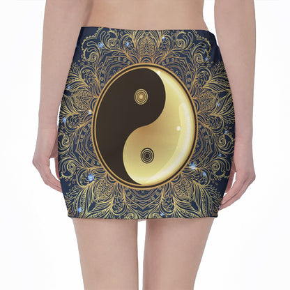 Gold Yin Yang Mandala Print Pencil Mini Skirt
