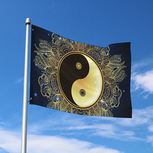 Gold Yin Yang Mandala Print Polyester Flag