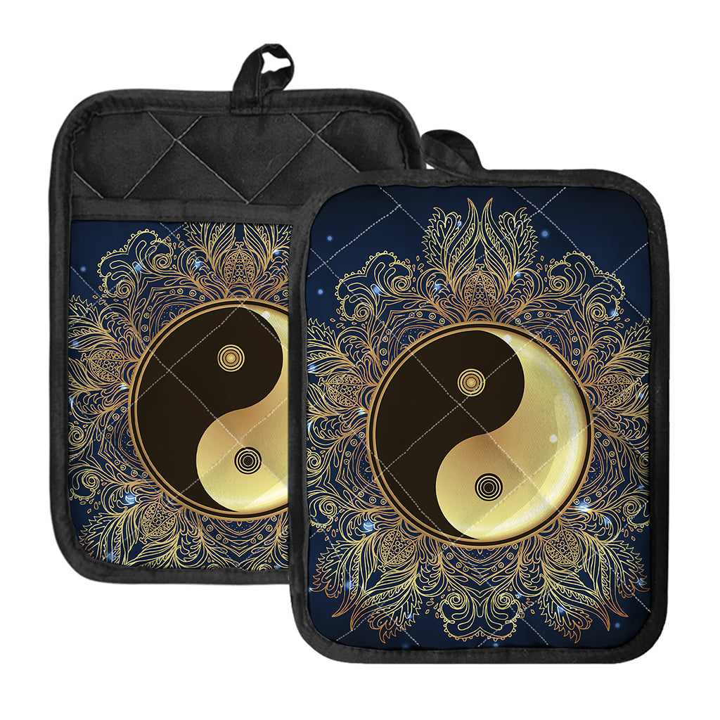 Gold Yin Yang Mandala Print Pot Holders With Pocket