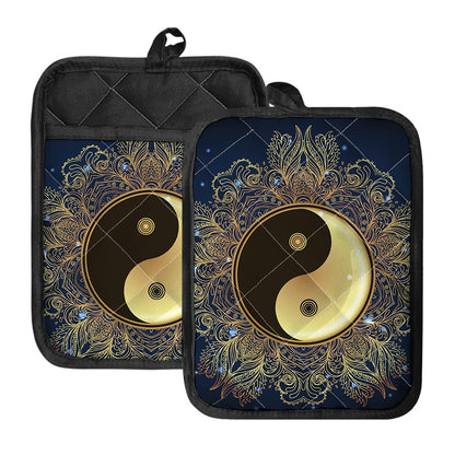 Gold Yin Yang Mandala Print Pot Holders With Pocket