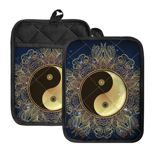 Gold Yin Yang Mandala Print Pot Holders With Pocket