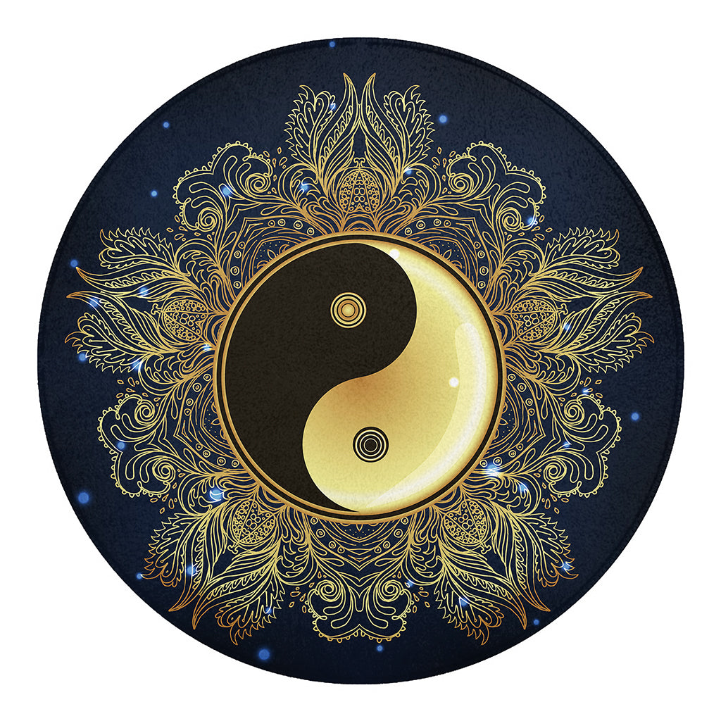 Gold Yin Yang Mandala Print Round Blanket