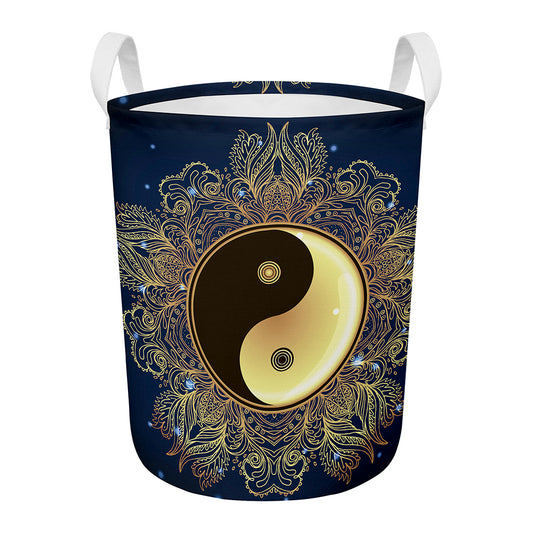 Gold Yin Yang Mandala Print Round Laundry Basket