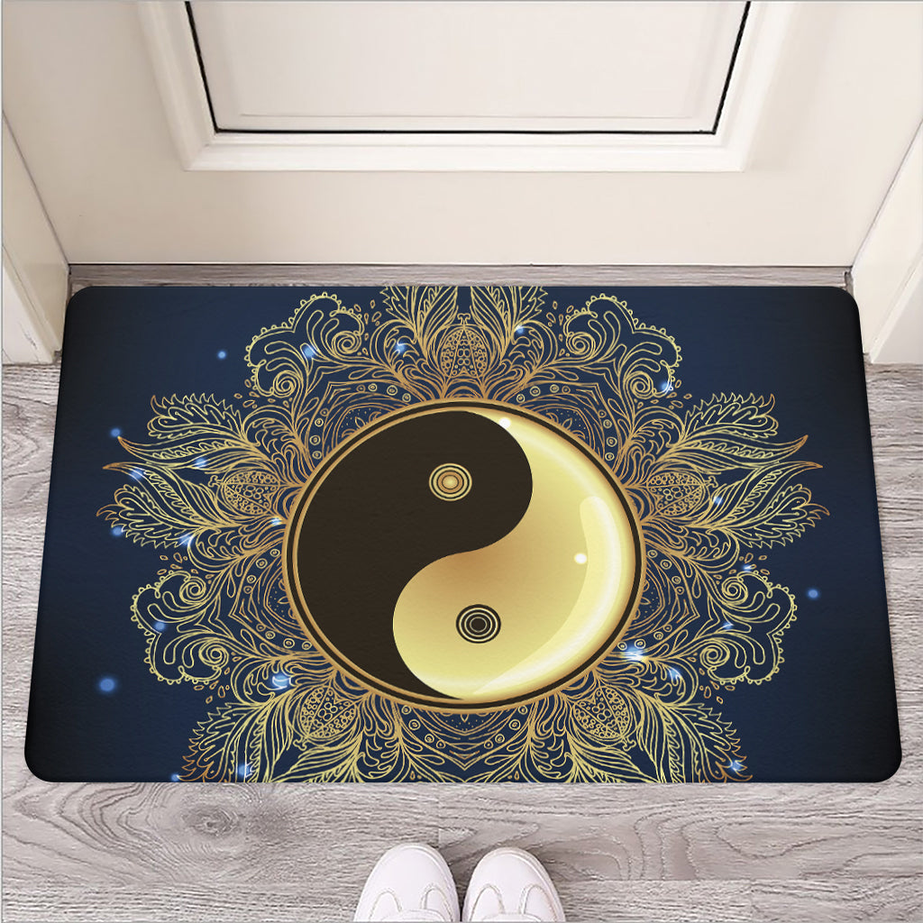 Gold Yin Yang Mandala Print Rubber Doormat