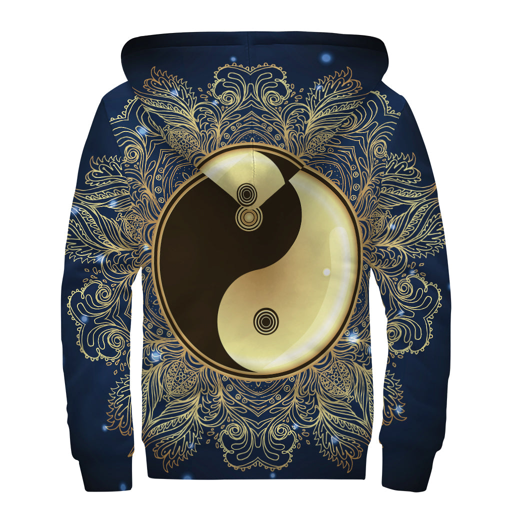 Gold Yin Yang Mandala Print Sherpa Lined Zip Up Hoodie