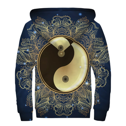 Gold Yin Yang Mandala Print Sherpa Lined Zip Up Hoodie
