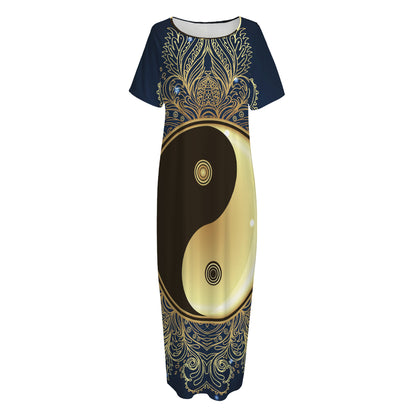 Gold Yin Yang Mandala Print Short Sleeve Long Nightdress