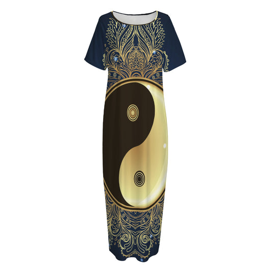 Gold Yin Yang Mandala Print Short Sleeve Long Nightdress