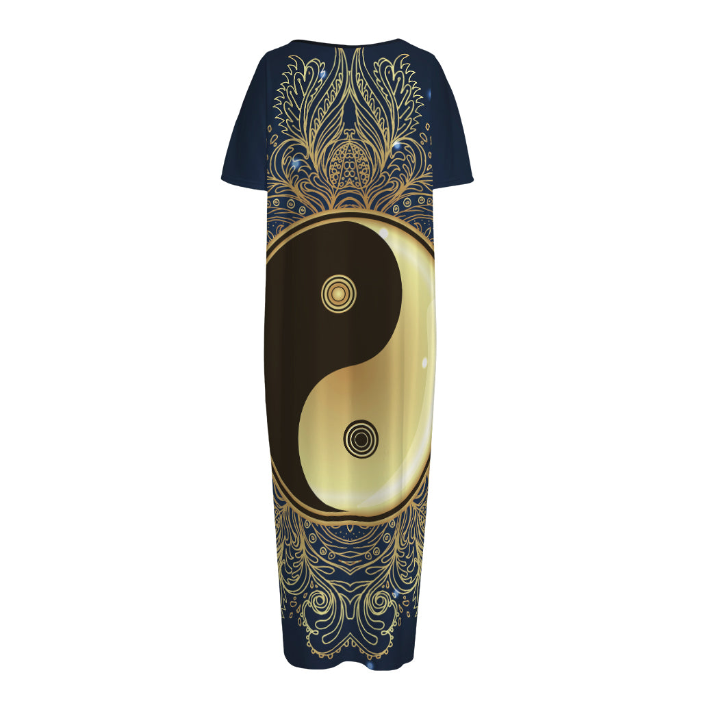 Gold Yin Yang Mandala Print Short Sleeve Long Nightdress