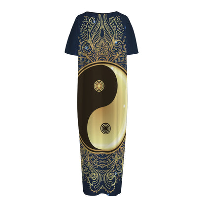 Gold Yin Yang Mandala Print Short Sleeve Long Nightdress