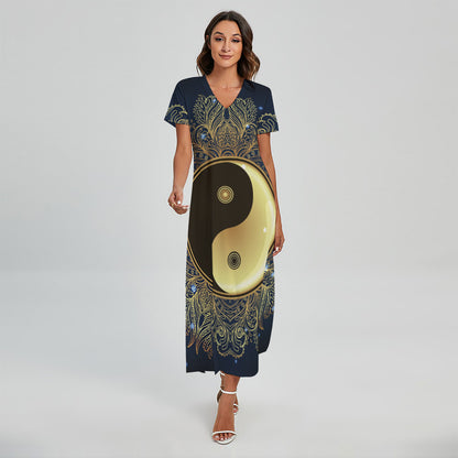 Gold Yin Yang Mandala Print Short Sleeve Maxi Dress