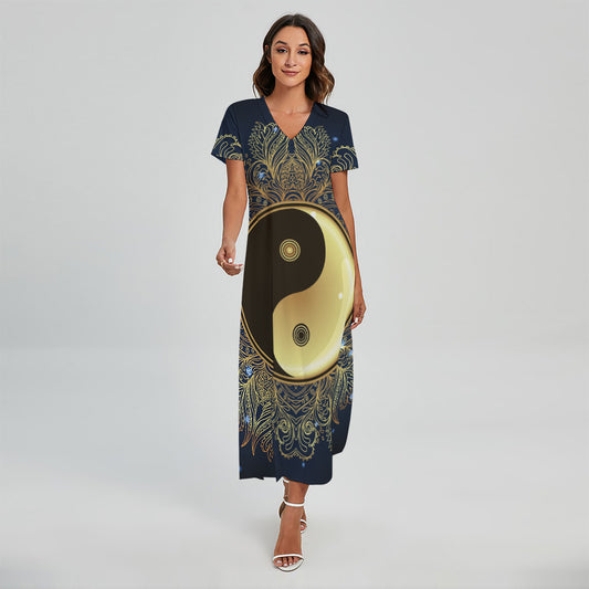 Gold Yin Yang Mandala Print Short Sleeve Maxi Dress