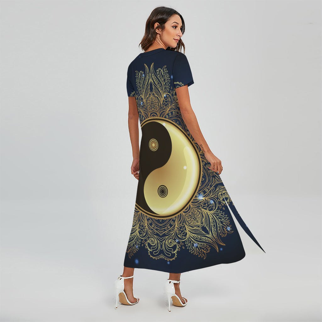 Gold Yin Yang Mandala Print Short Sleeve Maxi Dress