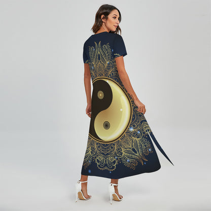 Gold Yin Yang Mandala Print Short Sleeve Maxi Dress
