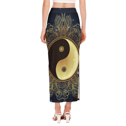 Gold Yin Yang Mandala Print Side Slit Maxi Skirt