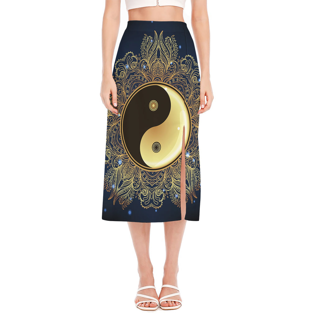 Gold Yin Yang Mandala Print Side Slit Midi Skirt