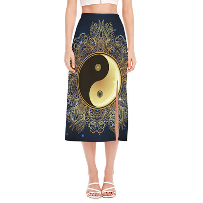 Gold Yin Yang Mandala Print Side Slit Midi Skirt