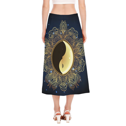 Gold Yin Yang Mandala Print Side Slit Midi Skirt